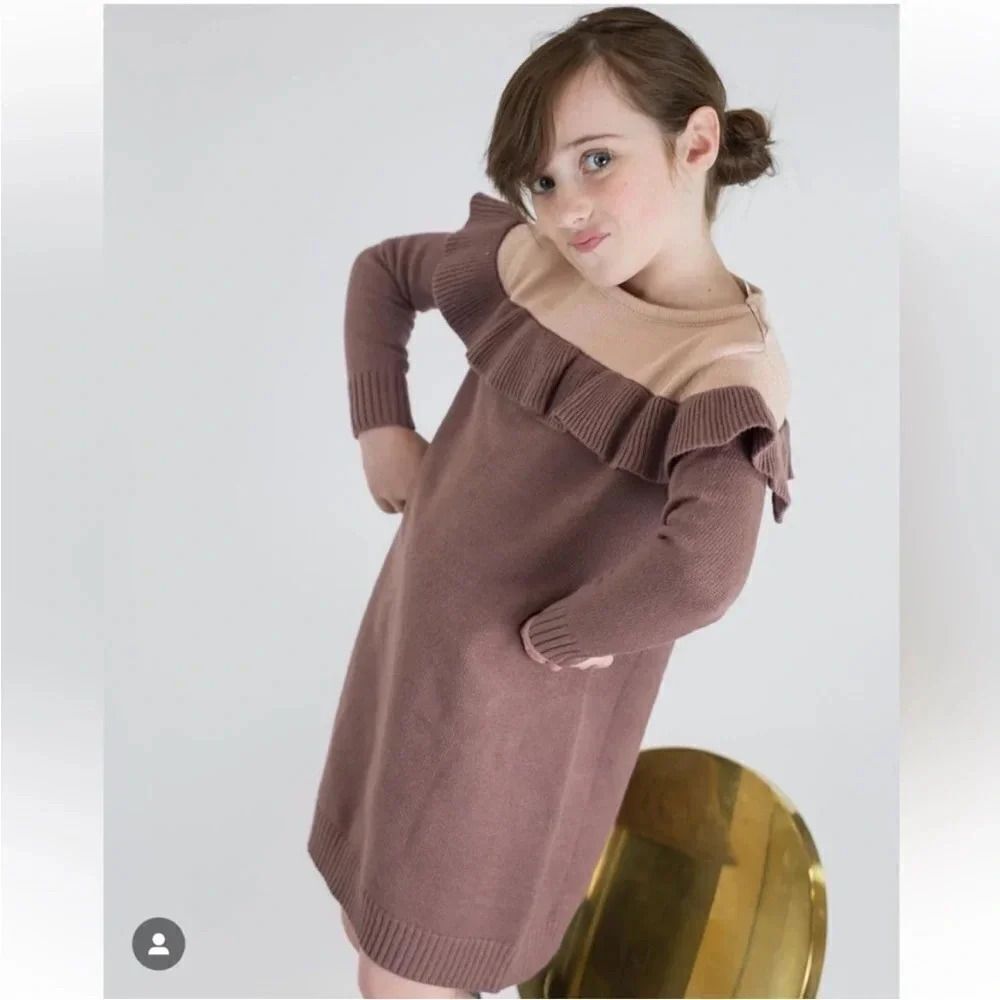 TAKE NOTE Two Tone Knit Sweater Dress Teen Girl Sz 16 Cream / Brown Ruffle - Picture 2 of 12